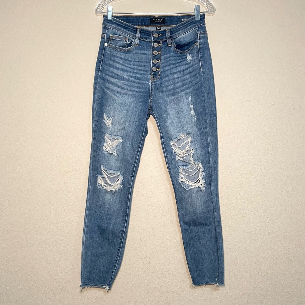 Judy Blue High Rise Button‎ Fly Distressed Skinny Fit Jeans Sz 7/28